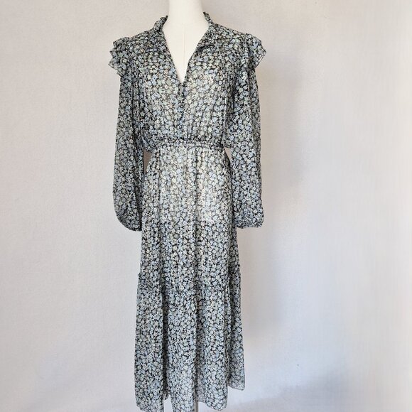 Maje Renaza Floral Sheer Chiffon Tiered Midi Dress Long Sleeve Metallic Blue - Picture 3 of 16